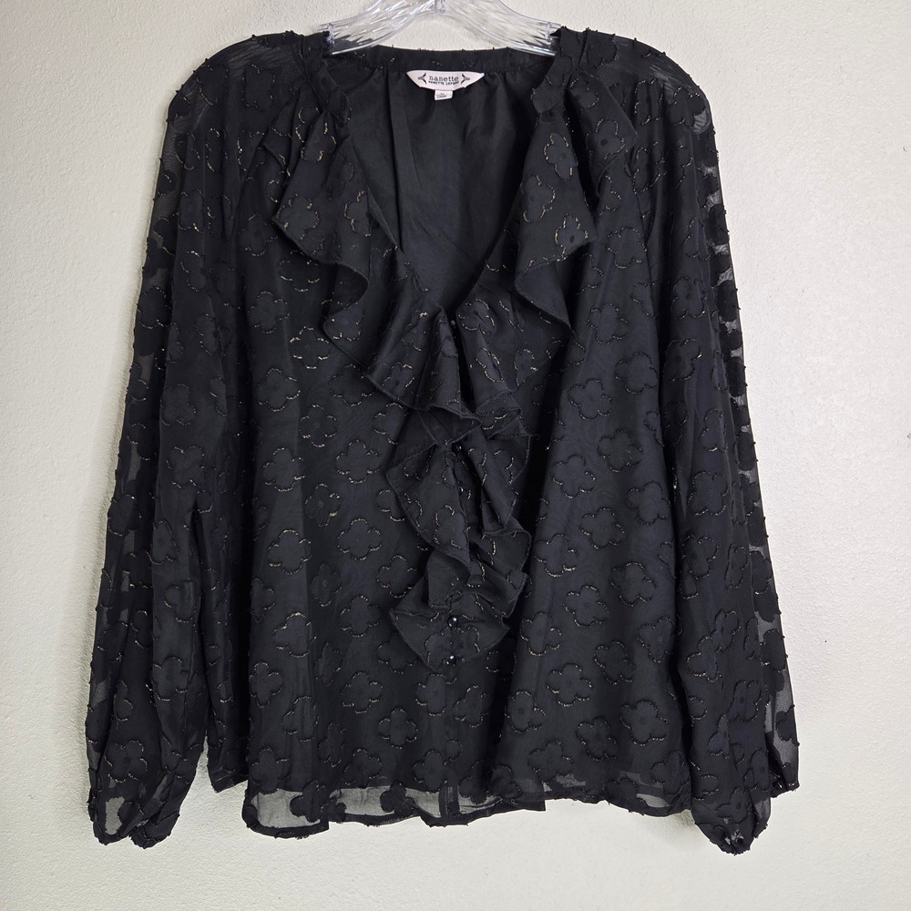 Nanette Lepore Top Medium Black Floral Sheer Gold‎ Detail Ruffle Blouse